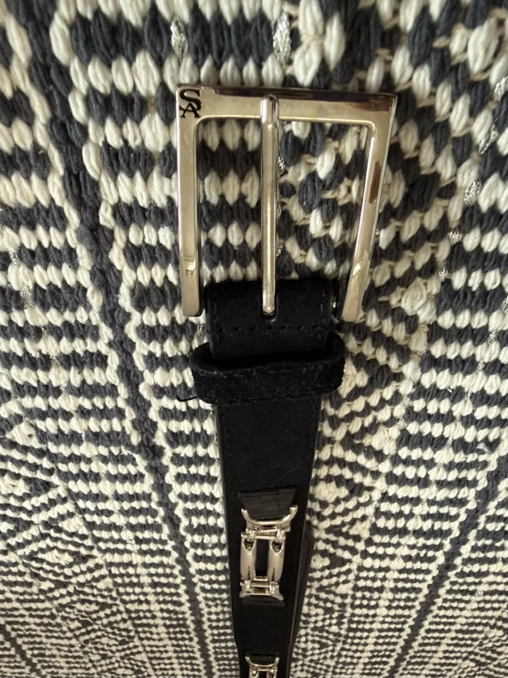 STACY ADAMS Black Grain Leather Belt with Silver Buckle Chain Accent